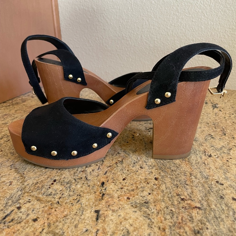 Black suede studded chunky heeled shoes